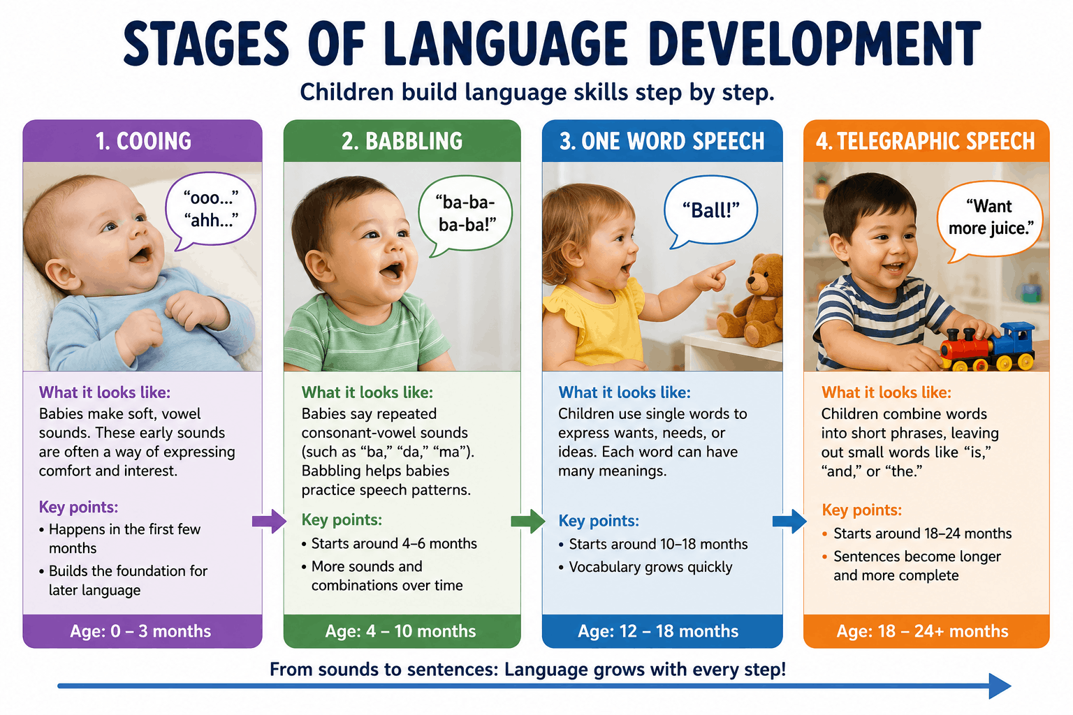 A visual timeline illustrating the developmental stages of language acquisition, including Cooing, Babbling, One-Word (Holophrases), Two-Word (Telegraphic), and Multi-word stages.