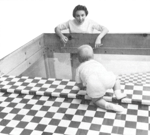 A detailed three-panel educational infographic illustrating Eleanor Gibson and Richard Walk's iconic Visual Cliff Experiment on infant depth perception. Panel A shows an infant hesitating at a simulated drop-off with its mother. Panel B provides a precise side-view technical diagram of the laboratory apparatus, detailing dimensions (7 FEET total length, 40 IN. deep side) and structure. Panel C illustrates the compelling view of a dramatic drop-off from an infant's perspective.